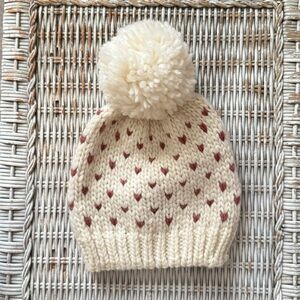 Cream and Mauve Heart Print Pom-Pom Knit Beanie